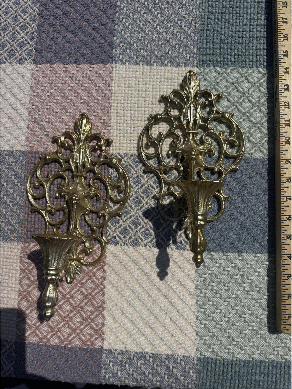 Pair of Vintage Ornate Brass Wall Sconces Candle Holders